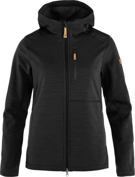 Keb Women's Fleece Hoodie in action on a chilly hike with a snug hood and zippered pockets.