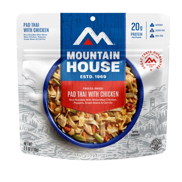 Close-up of gluten free backpacking meals with chicken - Pad Thai ready to eat