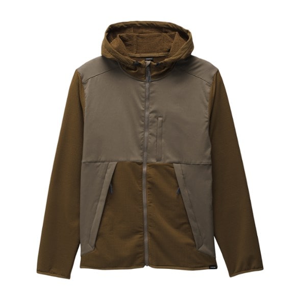 Men's fleece jacket with hood, ideal for hiking adventures, showing front view.