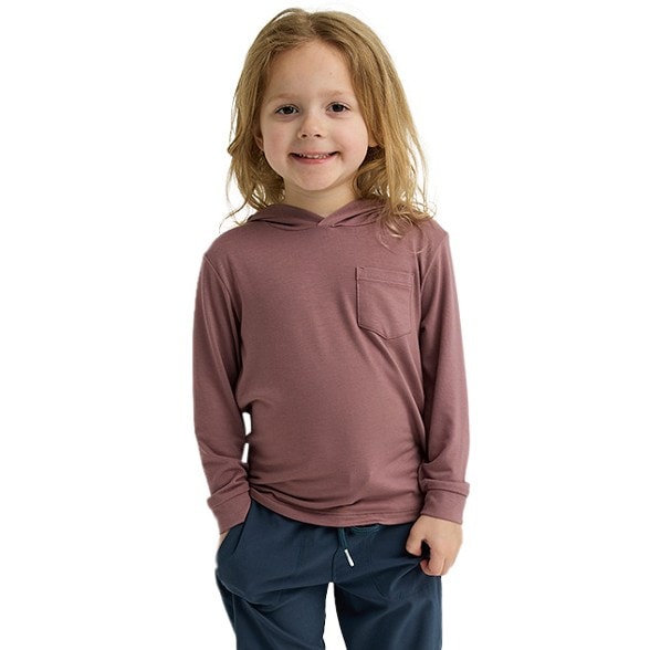 Front view of toddler wearing sun protective hoodie with thumbholes and hood up for shade
