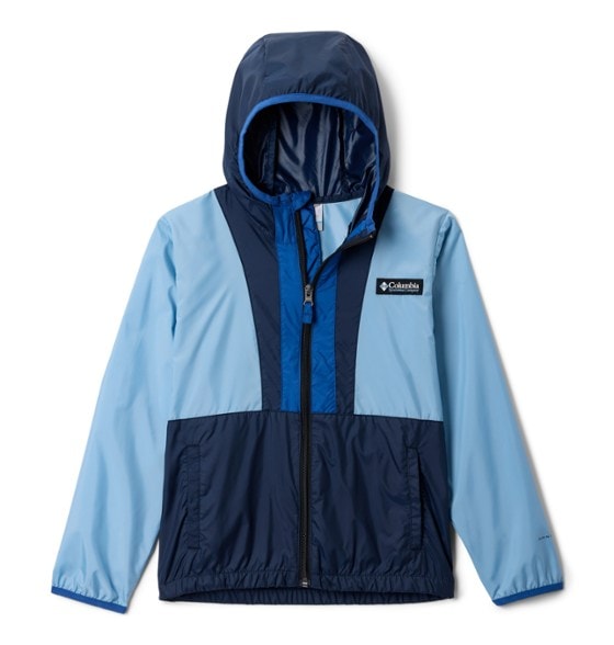 Front angle of Columbia TrailShield kids windbreaker with hood, showing elastic cuffs and retro color blocking.