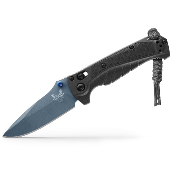 Benchmade Mini Adira knife with blue titanium blade and gray Grivory handle.