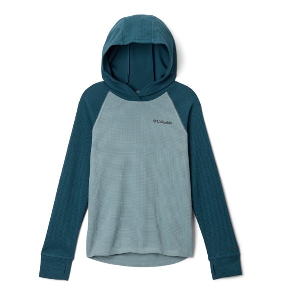Front view of eco-friendly kids hiking hoodie in action on a trail.