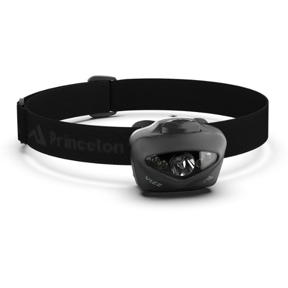 Front angle view of Vizz 550 RGB waterproof headlamp with bright white LED beam active