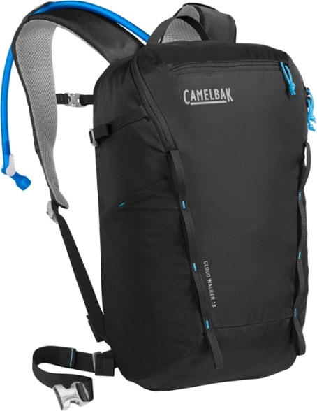 Front view of the Cloud Walker 18L lightweight daypack with water reservoir, showcasing its slim profile and trekking pole attachments