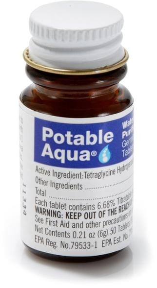 AquaSafe iodine tablets for backpacking water treatment.