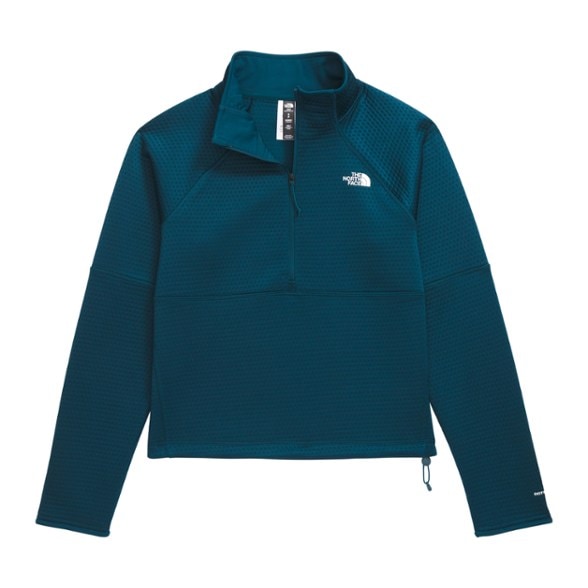 EcoThermal women's quarter-zip pullover in action during a winter hike, showcasing its fit and warmth.