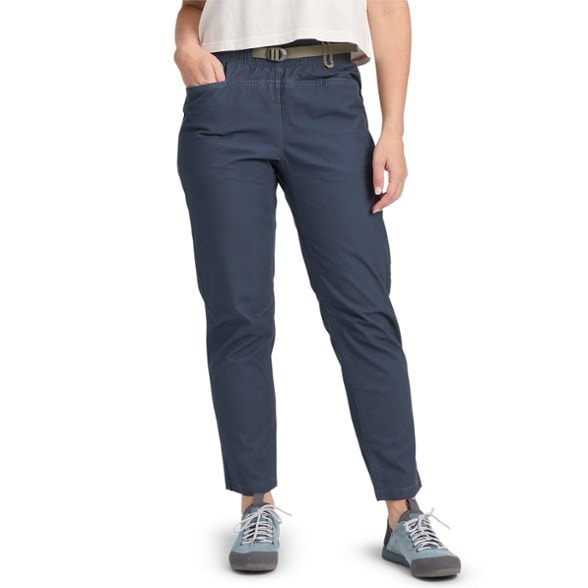 Front view of women's climbing pants made with organic cotton and stretch fabric, featuring adjustable waistband and pockets