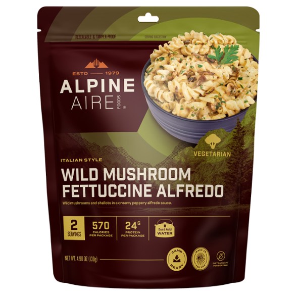 Close-up of AlpineAire Wild Mushroom Fettuccine Alfredo meal showcasing creamy sauce and mushrooms.