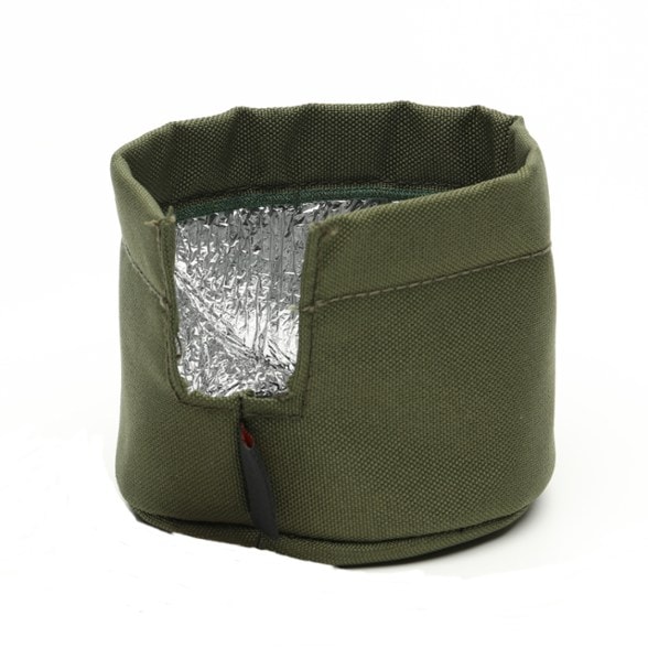 Small thermal insulation pot cozy in rugged canvas exterior for backpacking gear