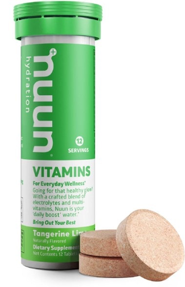 Nuun hydration tablets in a colorful tube, ideal for athletes seeking electrolytes and vitamins.