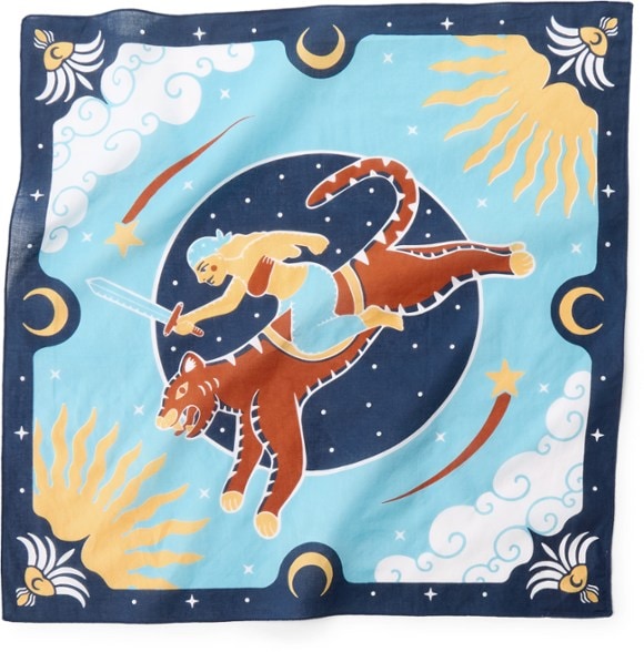 Close-up of the Tiger & Lady artist-designed bandana showcasing vibrant colors and unique patterns.