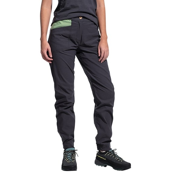 Front view of La Sportiva Mantra Flex climbing pants for women, showing tapered legs and elastic waistband