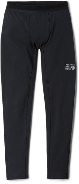 Men's Mountain Stretch Performance Tights displayed on a snowy mountain backdrop, showcasing their fit and moisture-wicking fabric.