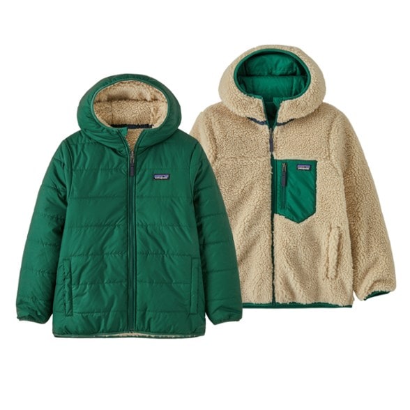 Patagonia Kids' Reversible Freddy Hoodie in water-resistant shell, perfect for rainy days.