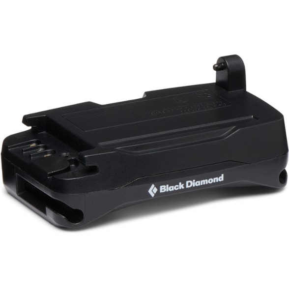 Black Diamond Distance LT USB rechargeable battery from a side angle, showcasing its compact design and USB charging port.