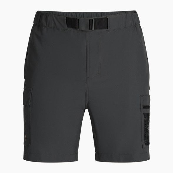 Men wearing Merced Adventure Shorts while hiking in a forest, showcasing breathability and comfort.