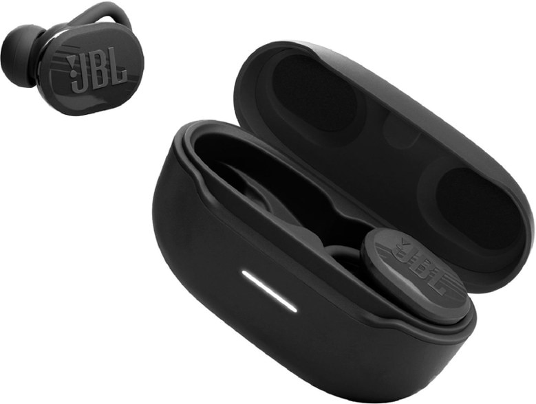 JBL Endurance Race True Wireless Sport Earbuds side view, demonstrating the ergonomic design for a secure fit.