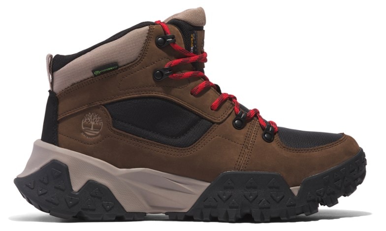 Side view of Timberland Motion Scramble Mid waterproof hiking boots showcasing their durable design.