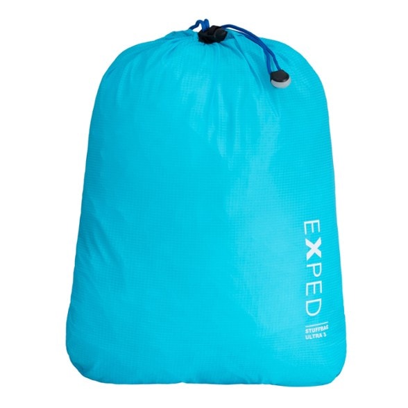 Top view of Exped UltraLite water-resistant stuff sack showing secure drawcord closure and color-coded design