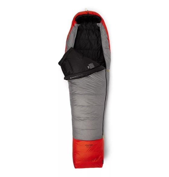 Mountain Hardwear Specter 30F/-1C sleeping bag zipped up and compact for easy transport.