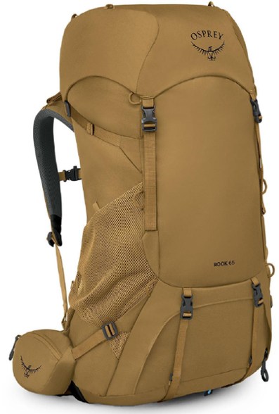 Osprey Rook 65 backpack shown from the front, with adjustable straps and multiple pockets.