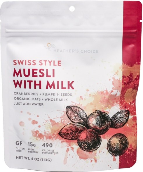 Heather's Choice Swiss-style muesli packaging, showcasing the wholesome ingredients.
