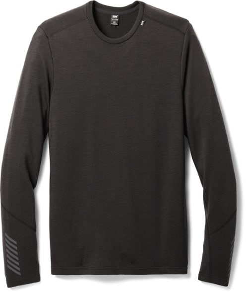 Helly Hansen men's midweight merino wool base layer crew top displayed on a mannequin, showcasing its sleek design.