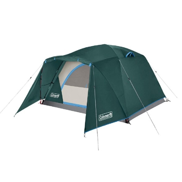 Front angled view of the TrailGuard 4-person outdoor tent with full-fly vestibule attached, pitched on forest floor.