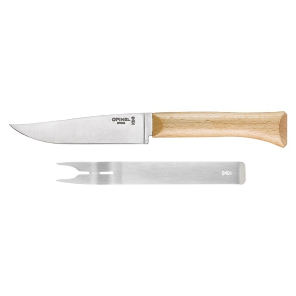 Top-down view of cheese knife set with wooden handle displayed on picnic cloth