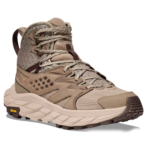 HOKA Anacapa Breeze Mid Men's Hiking Boots from the side, highlighting breathable mesh and durable leather.