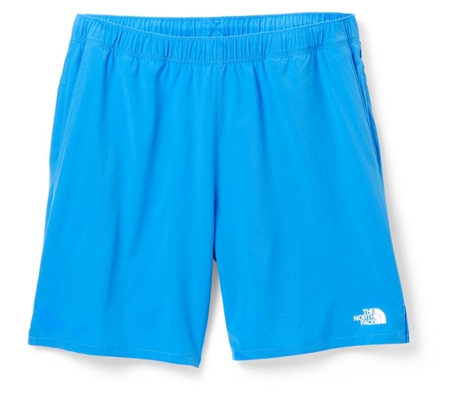 EcoHike Stretch Shorts displayed on a rocky trail, showcasing their stretch fabric and water repellent features.