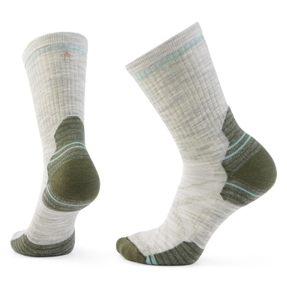 Women's merino wool hike crew socks displayed from the front, showcasing design and fit.