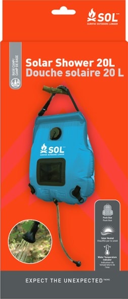 Portable solar shower showcasing black backing material for heat absorption.