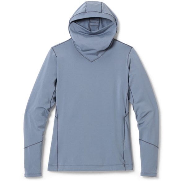 Close-up of Arc'teryx women's fleece hoodie, highlighting its soft fabric and flatlock seams.