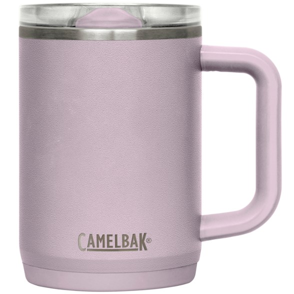 Thrive 16 oz. leakproof travel mug from the side, highlighting ergonomic handle.