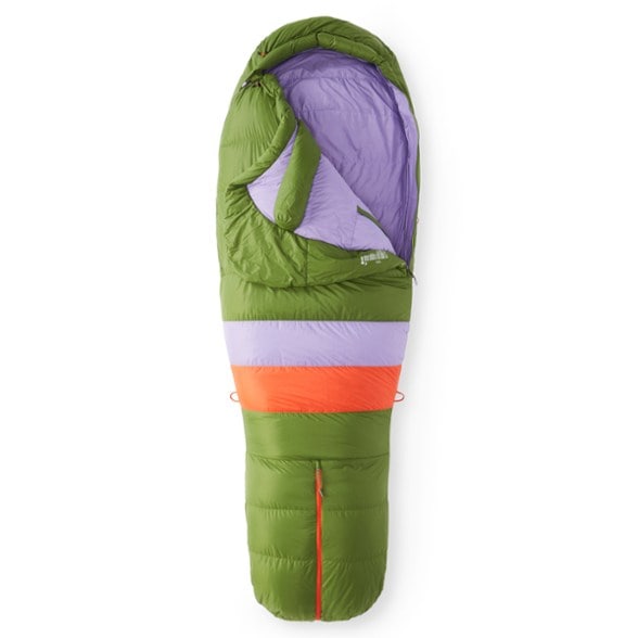 Marmot Women's Angel Fire 25° Down Sleeping Bag showing its mummy shape for optimal warmth.