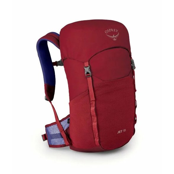 Osprey Jet 18 kids' hiking backpack from the front, highlighting its large bucket opening and pockets for snacks.