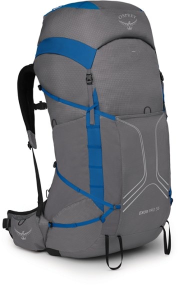 Side view of the Osprey Exos Pro 55 Men's Backpacking Pack, highlighting its adjustable straps and ventilation features.