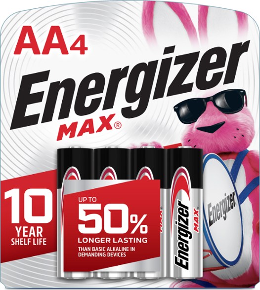 Energizer MAX AA batteries pack of 4 showing high performance specifications.