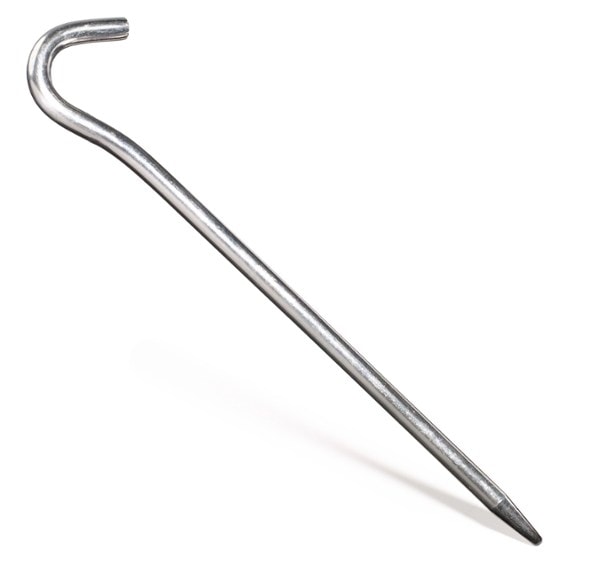 Close-up of durable aluminum tent stakes with hooks, ideal for camping and backpacking