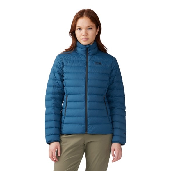 Front view of the SummitPack Women's Down Jacket, perfect for hiking and camping.