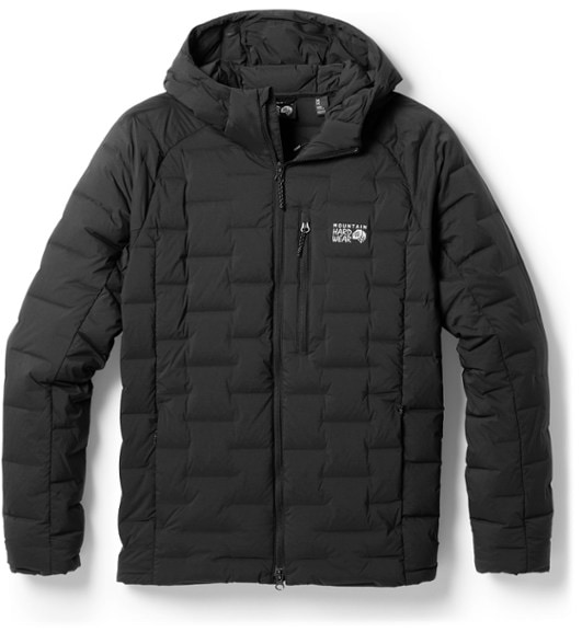Mountain Hardwear Stretchdown Hoodie, front view in snowy setting.