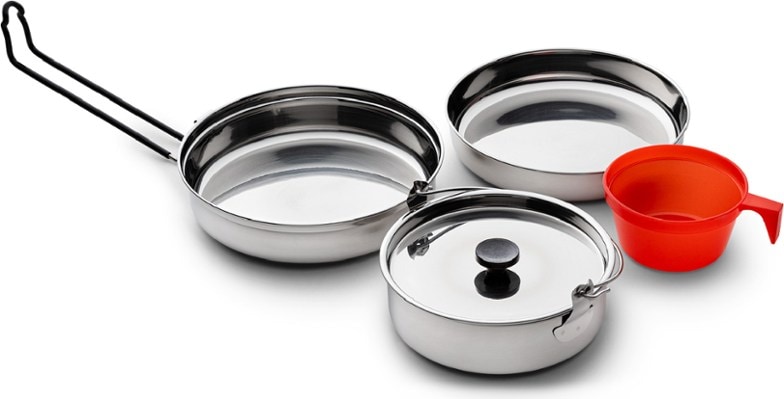 Alpine Mountain Gear Stainless Steel Frying Pan and Pot set in campsite setting.
