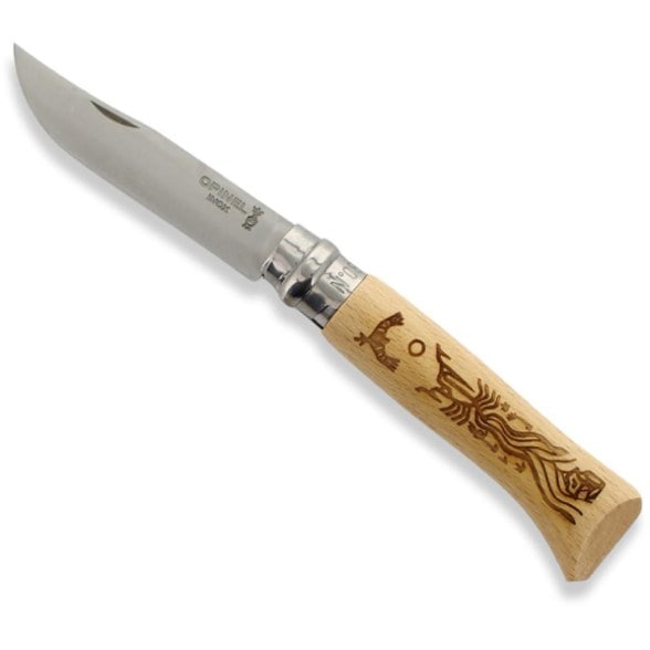 Opinel No.08 pocket knife with national parks design, angled view