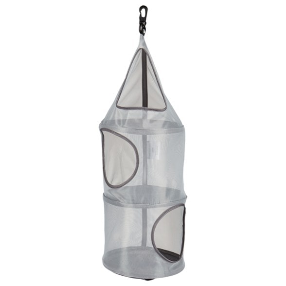 SkyNest tent organizer clipped to tent ceiling, showcasing top shelf with headlamp