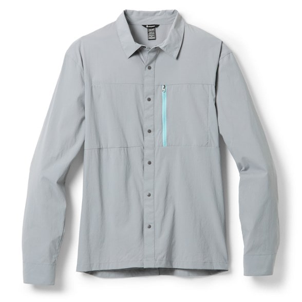 Cotopaxi Sumaco long sleeve shirt shown in a hiking setting, emphasizing sun protection.