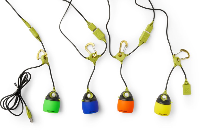 Close-up of the Goal Zero Mini Quad Lantern Set showcasing LED lights and colored shades.