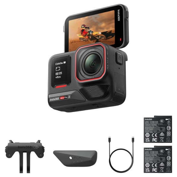 Insta360 Ace Pro 2 action camera with dual battery setup in a scenic mountain landscape.