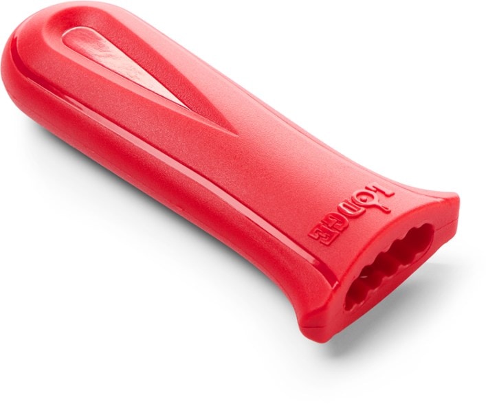 ErgoGrip silicone handle cover shown on a cast iron skillet, highlighting its ergonomic design and textured grip.